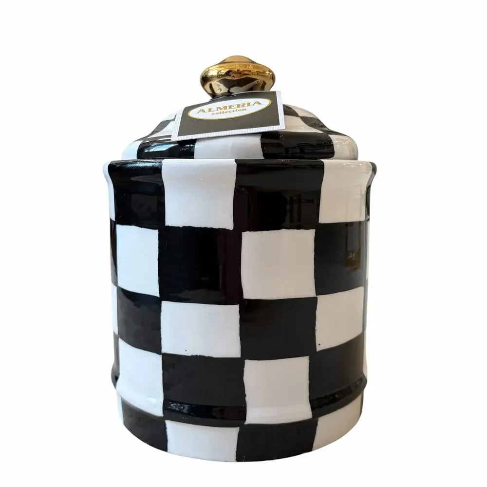 Almeria Checkered Ceramic Canister w/ Lid Black & White 8.5x6 NEW